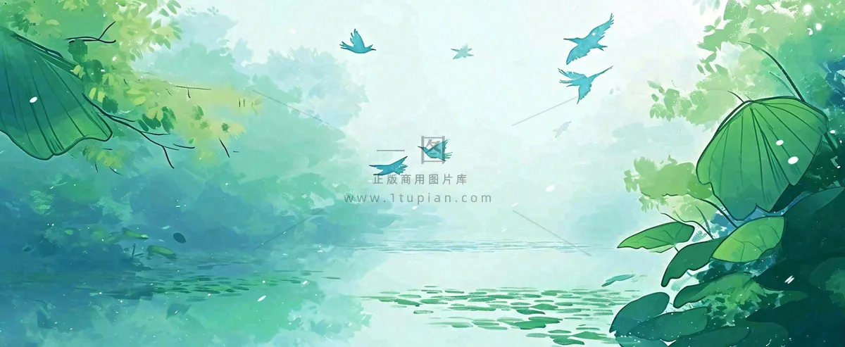 夏天池塘荷花池荷花荷叶河流插画手绘,夏至处暑小暑大暑