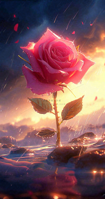 海平面上渐变落日前的一支粉色玫瑰花鲜花花朵，鲜艳爱情