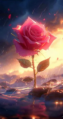 海平面上渐变落日前的一支粉色玫瑰花鲜花花朵，鲜艳爱情