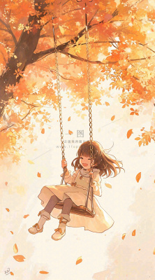 秋天落叶季节少女玩耍荡秋千,秋分儿童 秋天落叶季节少女玩耍荡秋千,秋分儿童