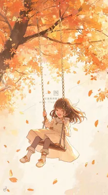 秋天落叶季节少女玩耍荡秋千,秋分儿童 秋天落叶季节少女玩耍荡秋千,秋分儿童