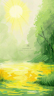 夏日森林丛林阳光绿色河面草丛树木手绘插画，夏至小暑大暑