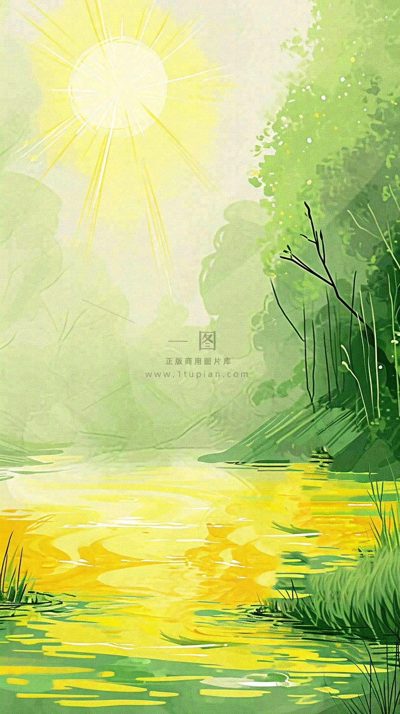 夏日森林丛林阳光绿色河面草丛树木手绘插画,夏至小暑大暑
