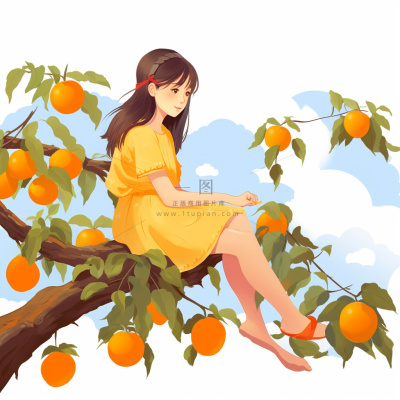 女孩少女坐着橘子树上可爱卡通插画素材背景