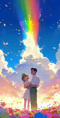 蓝天白云下的花海，父亲抱着孩子，温馨亲情