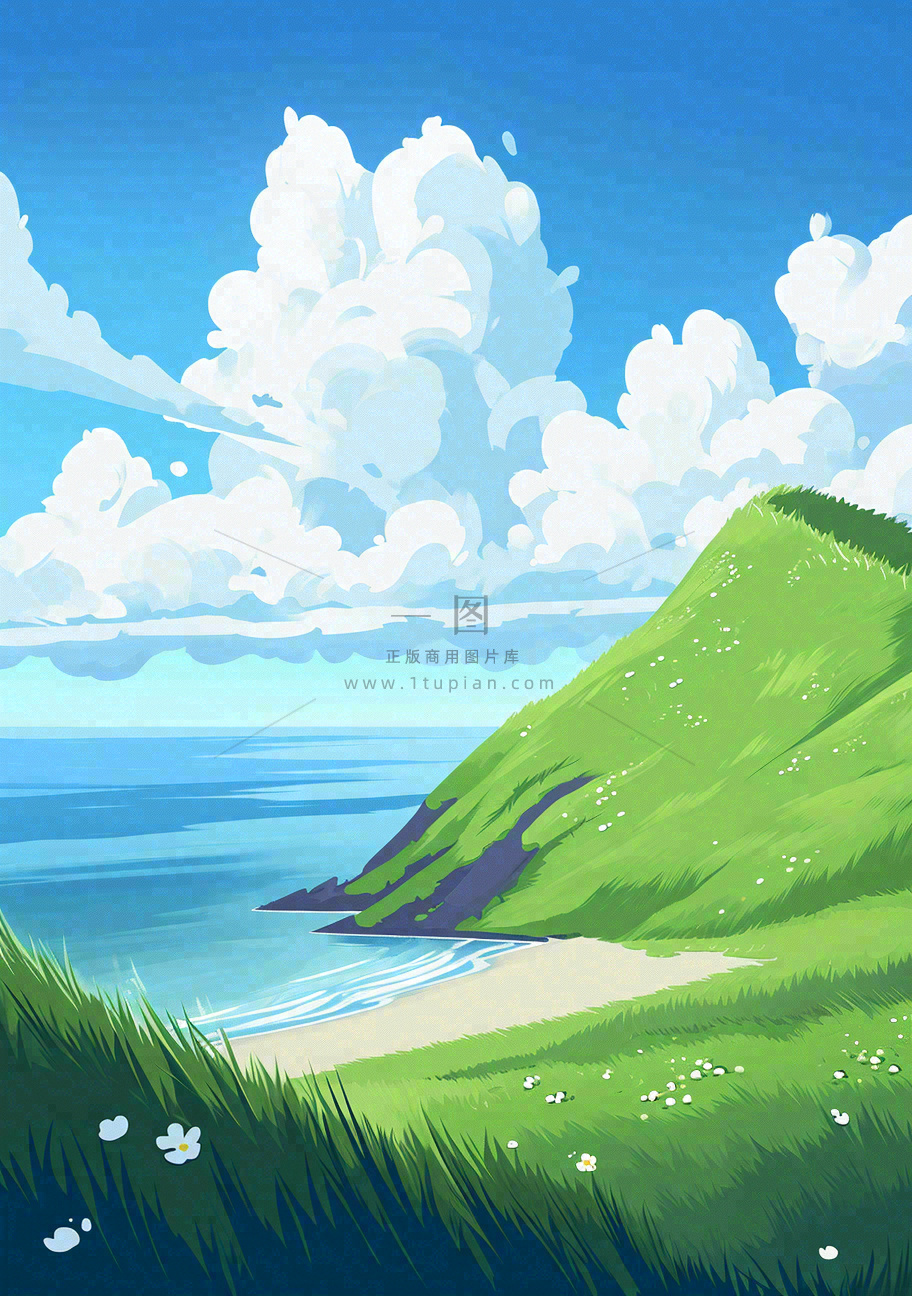 海边蓝天白云草地小花,春天清新海景