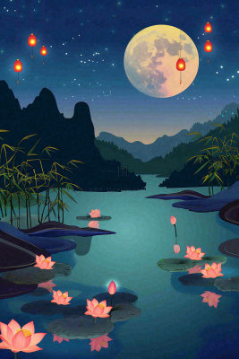 月圆之夜湖面莲花灯祈福星空中秋中元节插画背景