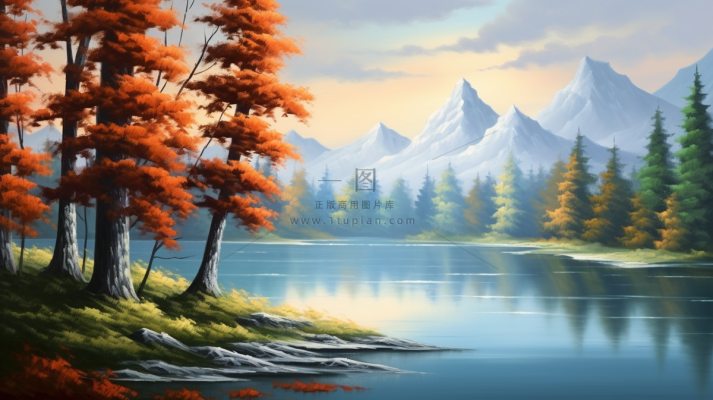 秋季树木湖泊河流风景新疆插画素材背景