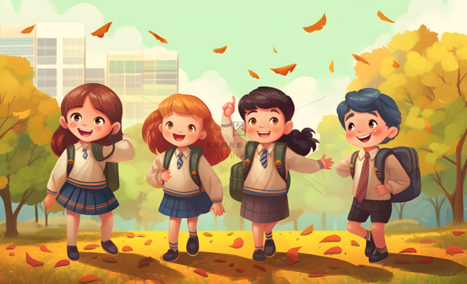 孩子们放学回家落叶欢乐卡通插画背景