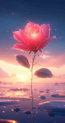 海平面上渐变落日前的一支粉色玫瑰花鲜花花朵,鲜艳爱情 海平面上渐变落日前的一支粉色玫瑰花鲜花花朵,鲜艳爱情