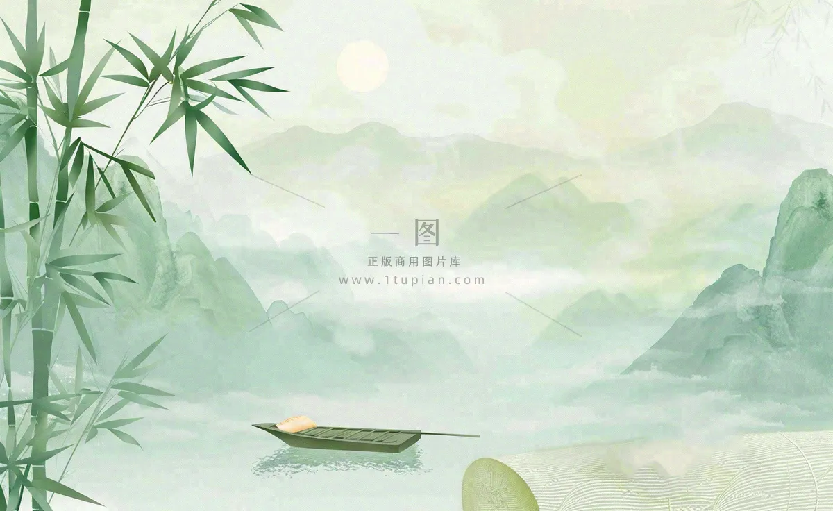 中国风古风山水画泛舟山竹青山清明端午时节清雅国画水墨画插画背景