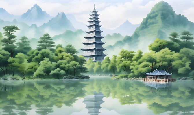 倒影水中的宝塔背后的树木山景插画背景