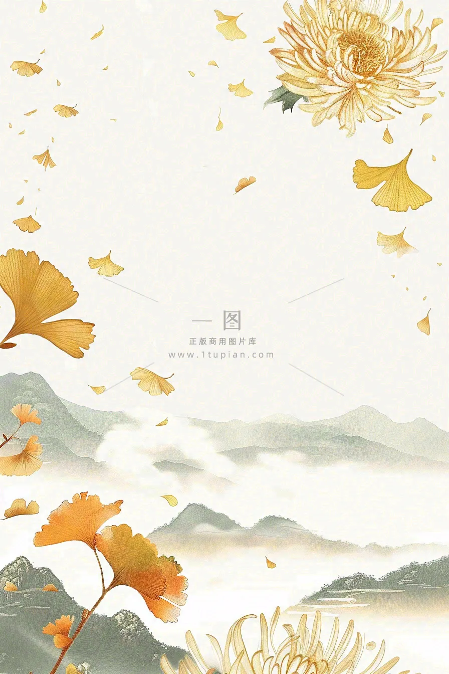 秋天黄了的银杏树银杏叶落叶菊花立秋重阳节秋分白露水墨插画背景
