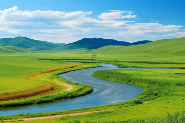 草原河流湿地白云蓝天大自然风景摄影图