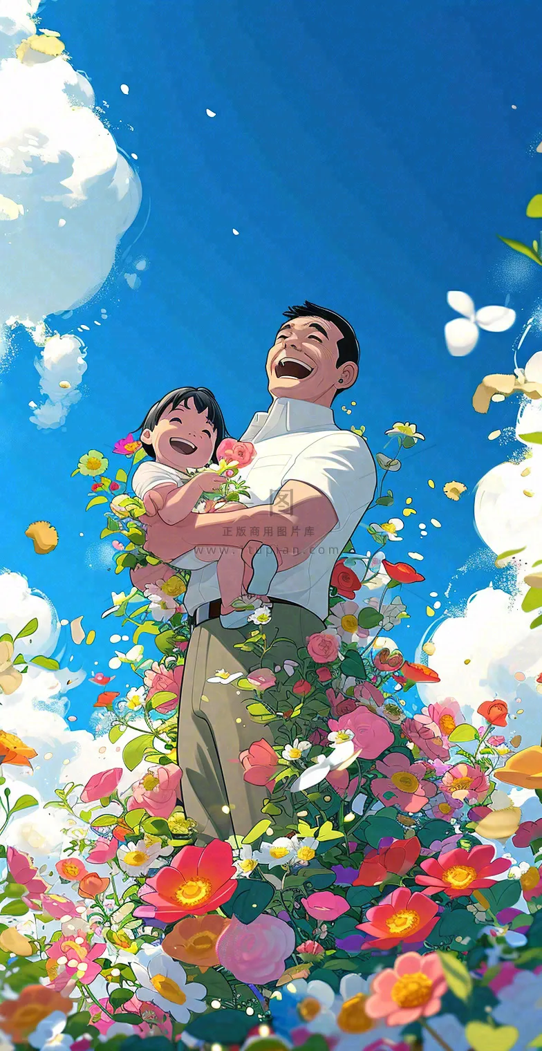 蓝天白云下的花海,父亲抱着孩子,温馨亲情