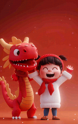 新春节日龙年儿童庆祝喜庆红色小年新年卡通插画背景