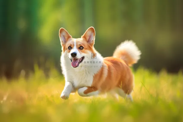 可爱的柯基宠物狗在公园草坪玩耍摄影图