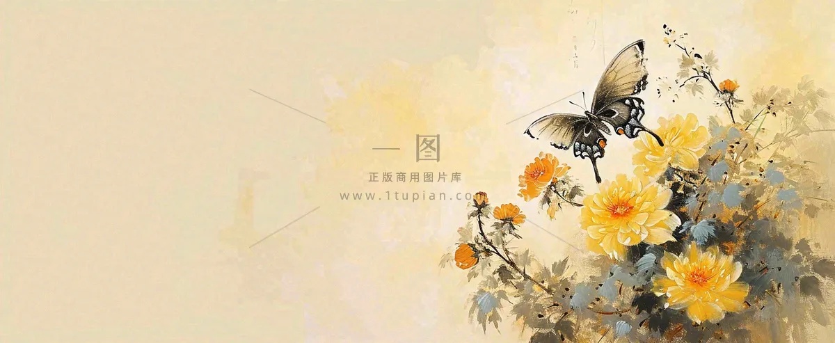 温馨纹理橙色花朵鲜花蝴蝶意境唯美，中国风