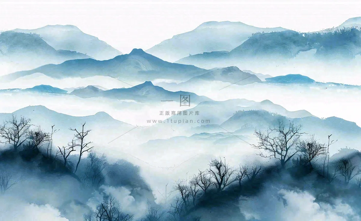 中国风水墨山水画青山山峦叠嶂云雾清明端午寒露古风插画背景