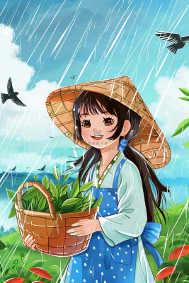 谷雨节气采茶女春天燕子雨水插画