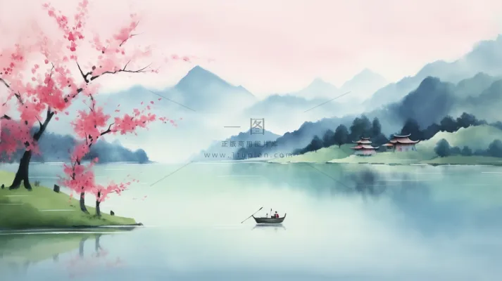 春天山水画水墨画湖边桃花树盛开江南古风插画背景