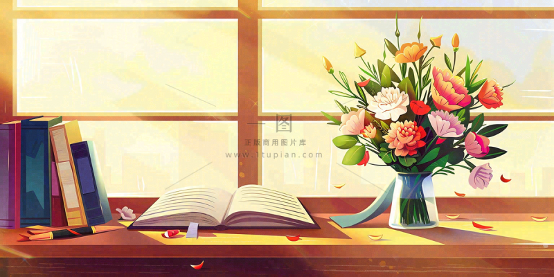 教师节办公桌窗边课本花束温馨唯美插画背景 教师节办公桌窗边课本花束温馨唯美插画背景