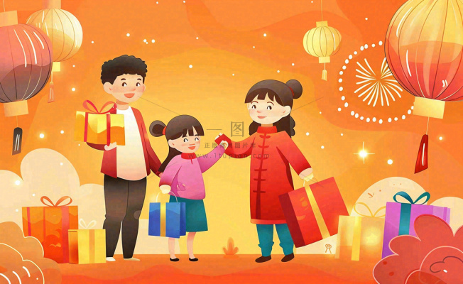 新年春节回家过年团聚送礼物热闹喜庆欢庆卡通插画背景