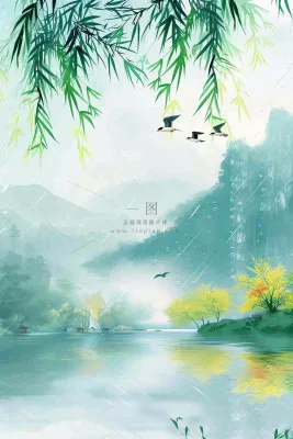 春天雨水水墨山水柳树柳枝燕子黄花盛开清明端午插画背景 春天雨水水墨山水柳树柳枝燕子黄花盛开清明端午插画背景