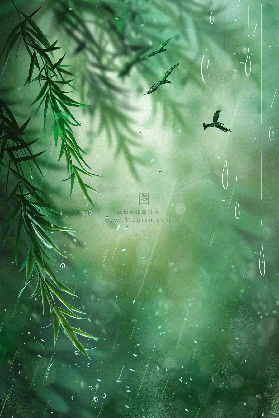 绿色简约小清新柳树雨天燕子雨水谷雨插画背景