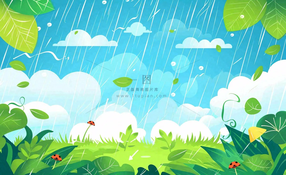 惊蛰雨水谷雨春天卡通手绘插画瓢虫昆虫绿色花草卡通插画背景