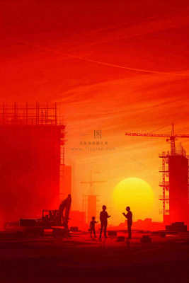 红色工地指挥工人职业人物剪影劳动节插画背景 红色工地指挥工人职业人物剪影劳动节插画背景
