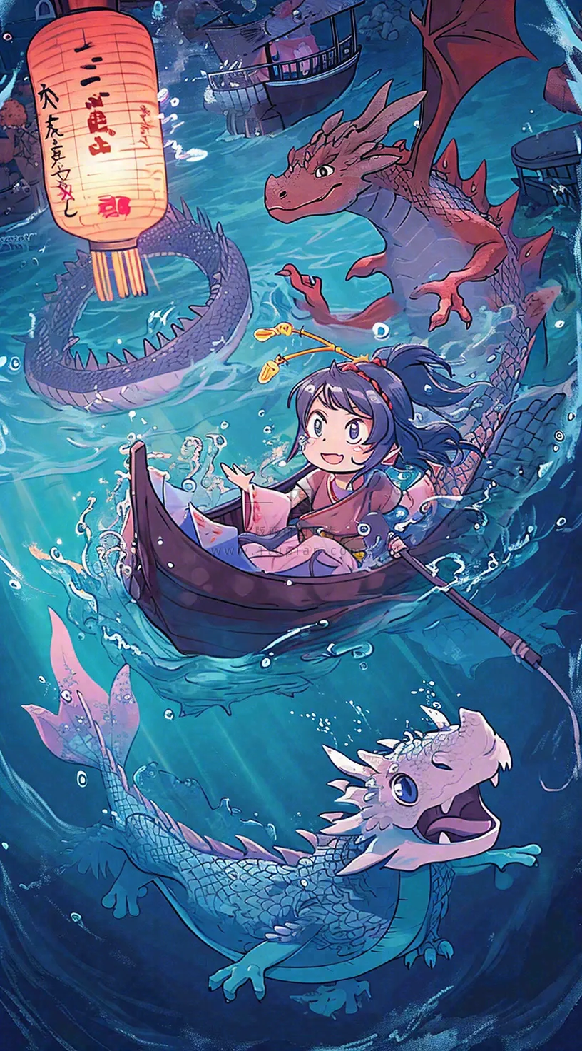 创意卡通古风河面人物游船，夜晚龙灯笼光照，海浪水面