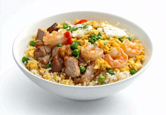 虾仁时蔬炒饭蘑菇美食摄影图