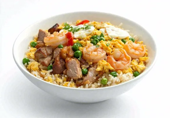 虾仁时蔬炒饭蘑菇美食摄影图