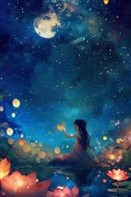 夜晚点灯孔明灯祈福中元节寒衣节插画背景 夜晚点灯孔明灯祈福中元节寒衣节插画背景