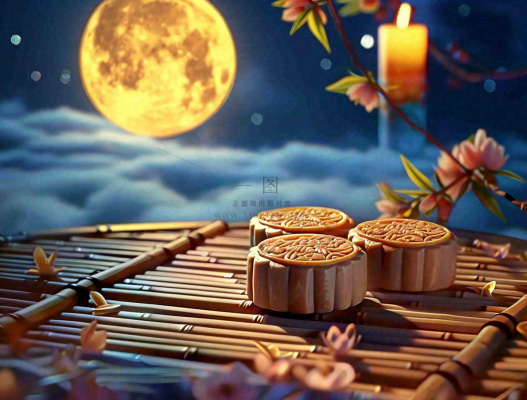 夜色下的中国传统月饼圆圆的中秋月亮中国传统节日糕点摄影图