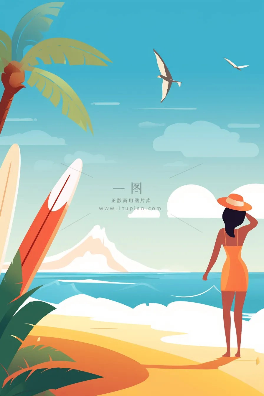 海边的少女沙滩椰树冲浪板海鸥卡通插画素材