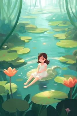 夏日女孩在睡莲荷叶水里玩水水里泛起碧波卡通插画