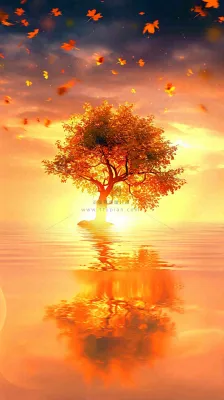 秋天树木的秋叶在河面上飘扬，金黄色温馨，秋分