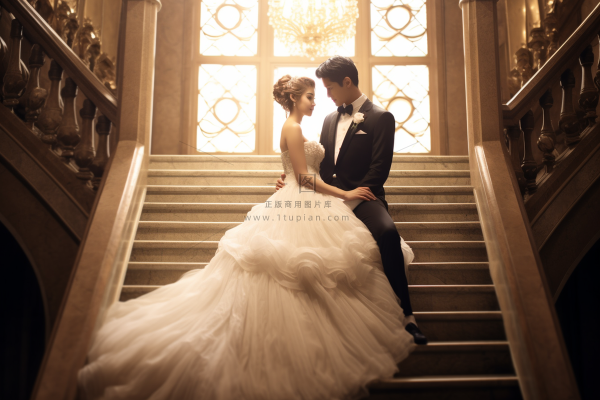 婚纱西装的新婚夫妇婚纱照教堂摄影图