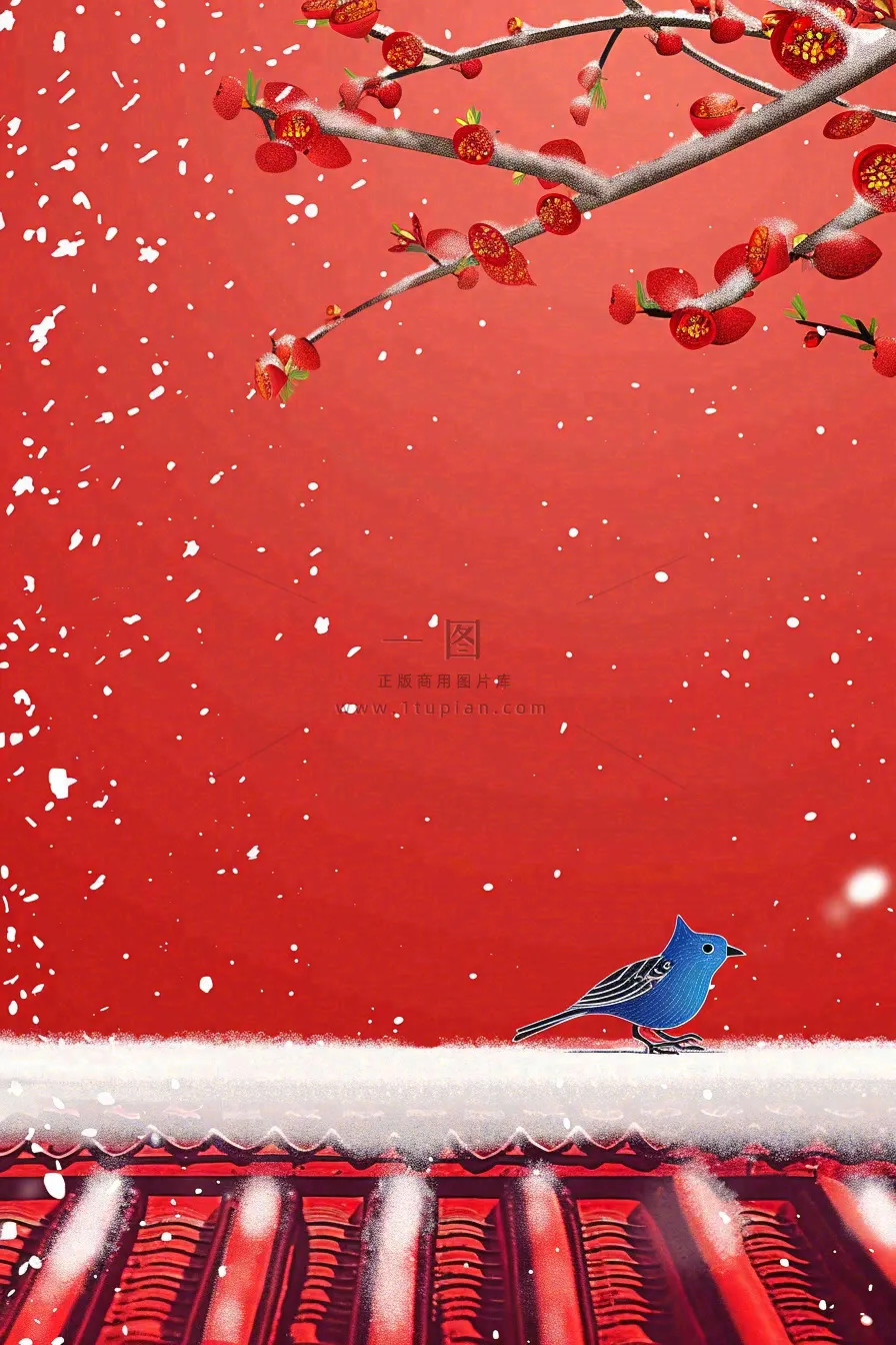 冬天红色宫墙背景梅花树枝小鸟白雪大雪冬至小年新年春节插画背景