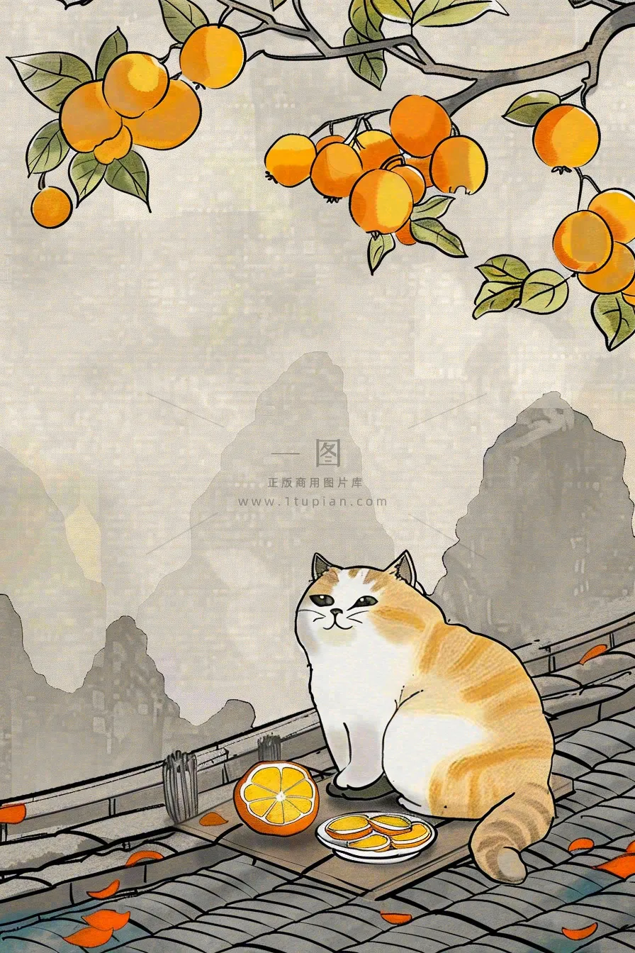 古风屋檐上的橘子树猫咪中国风插画处暑秋分白露插画背景