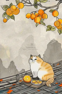 古风屋檐上的橘子树猫咪中国风插画处暑秋分白露插画背景 古风屋檐上的橘子树猫咪中国风插画处暑秋分白露插画背景