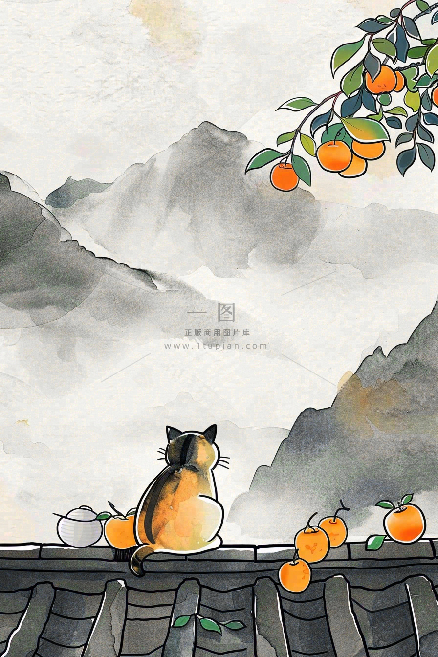 古风屋檐上的橘子树猫咪中国风插画处暑秋分白露插画背景