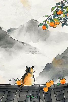 古风屋檐上的橘子树猫咪中国风插画处暑秋分白露插画背景 古风屋檐上的橘子树猫咪中国风插画处暑秋分白露插画背景