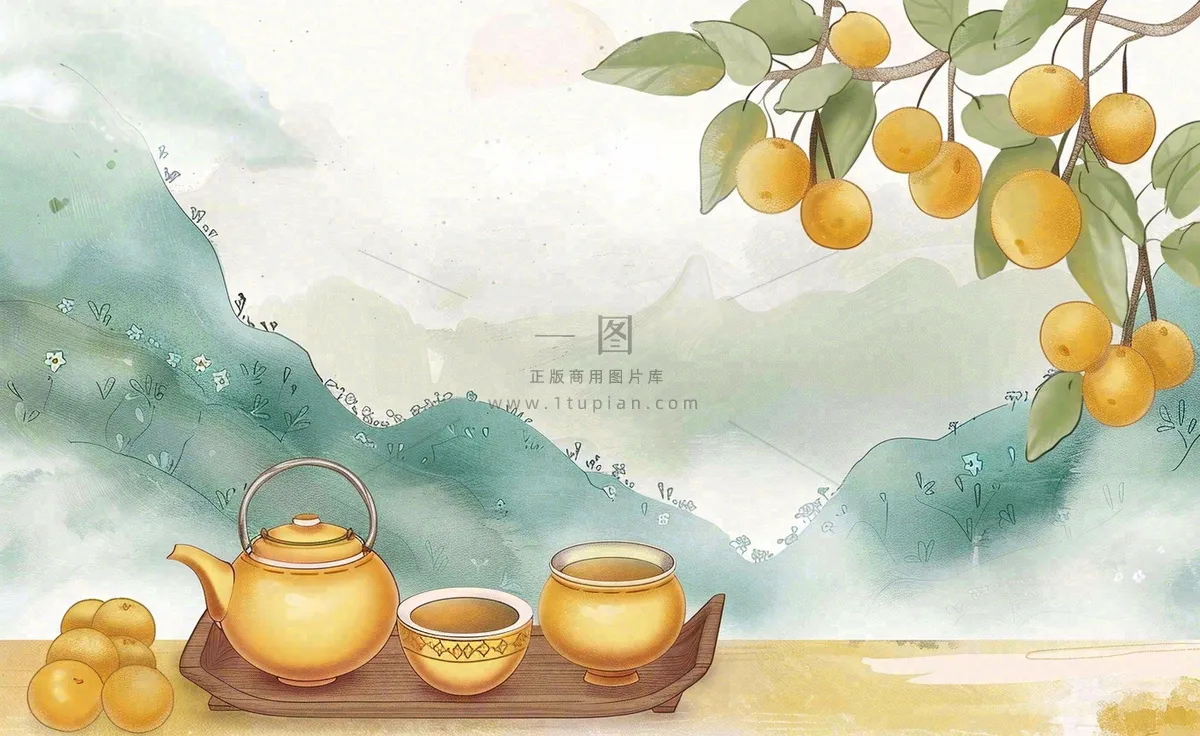 秋天果树杏树下茶壶饮茶卡通插画立秋秋分背景