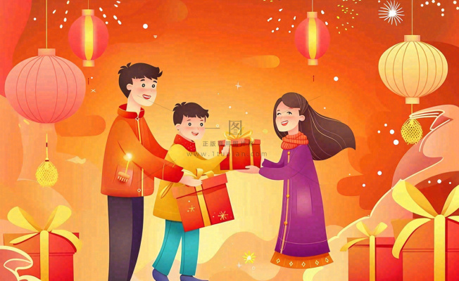 新年春节回家过年团聚送礼物热闹喜庆欢庆卡通插画背景