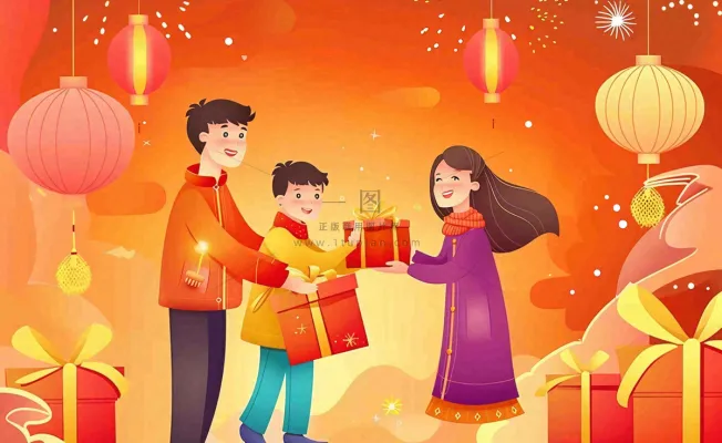 新年春节回家过年团聚送礼物热闹喜庆欢庆卡通插画背景