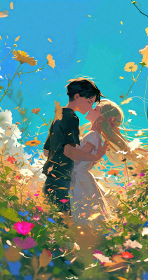 蓝天白云下情侣拥抱亲吻爱情，鲜花小草，情清新人节