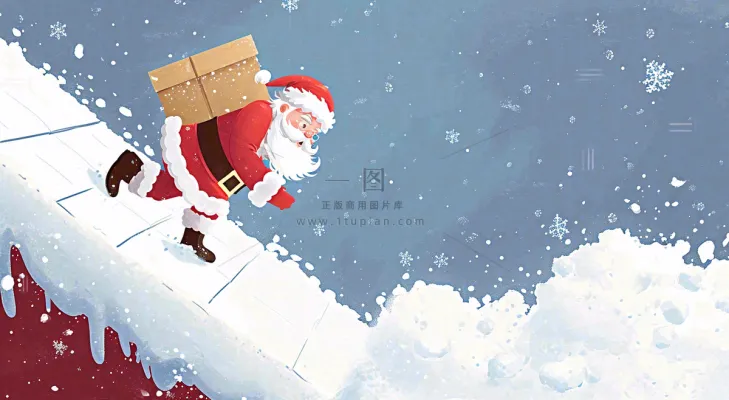 冬天圣诞老人屋顶带礼物,雪花雪屋,圣诞节卡通扁平插画 冬天圣诞老人屋顶带礼物,雪花雪屋,圣诞节卡通扁平插画